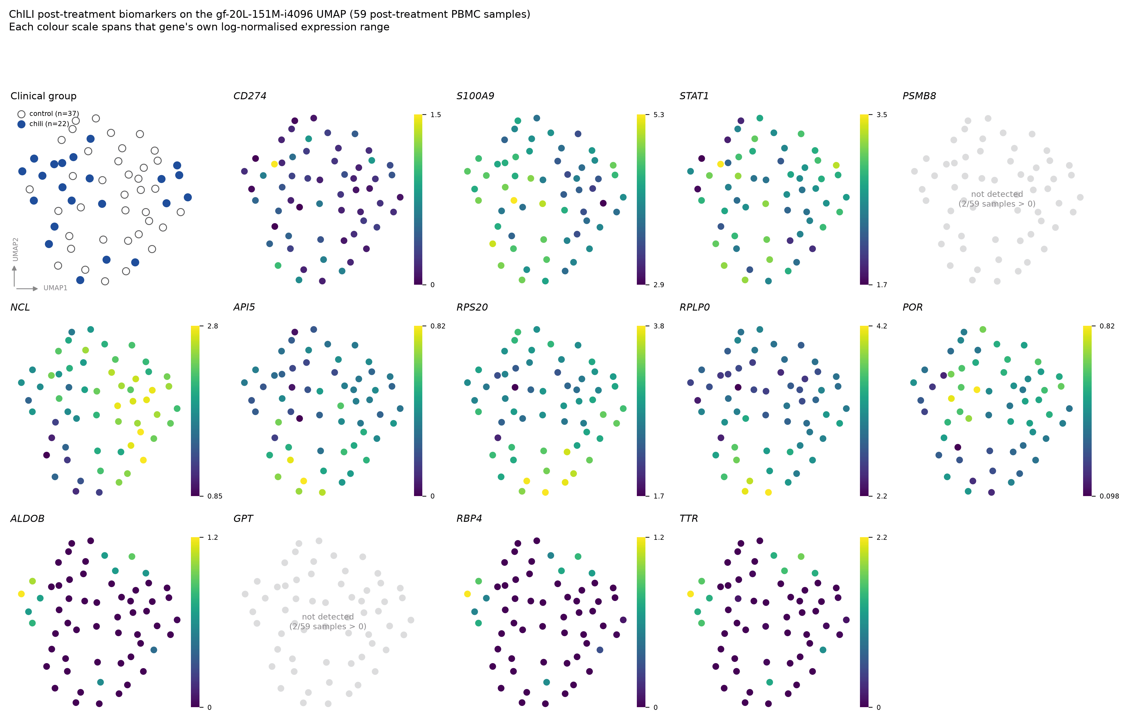 UMAP grid of ChILI post-treatment biomarkers on the gf-20L-151M-i4096 embedding