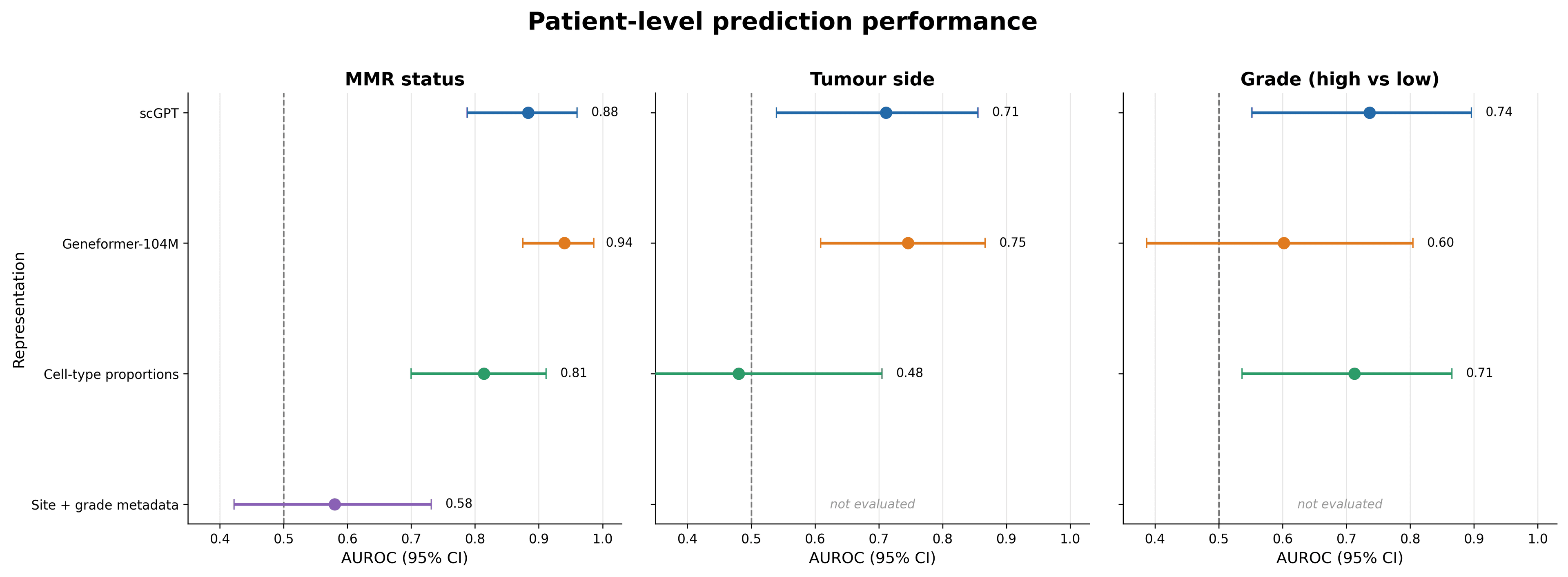 Patient-level AUROC with 95% confidence intervals for scGPT, Geneformer-104M and the baselines, by clinical label